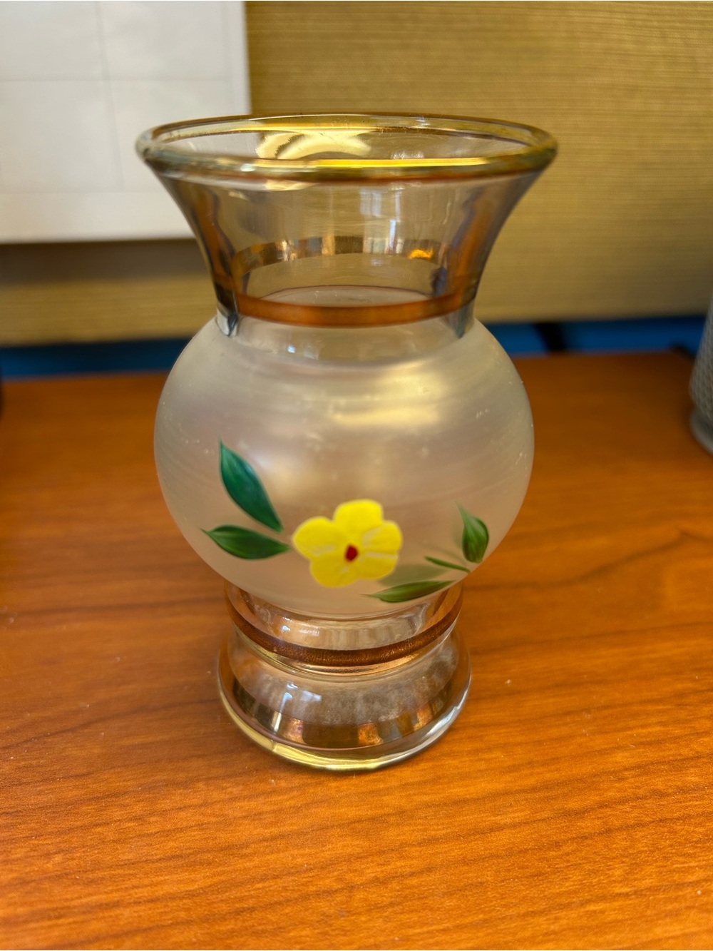 Bartlett Collins Hand-Painted Satin Floral Glass Votive  w/Gold Trim 4”H.